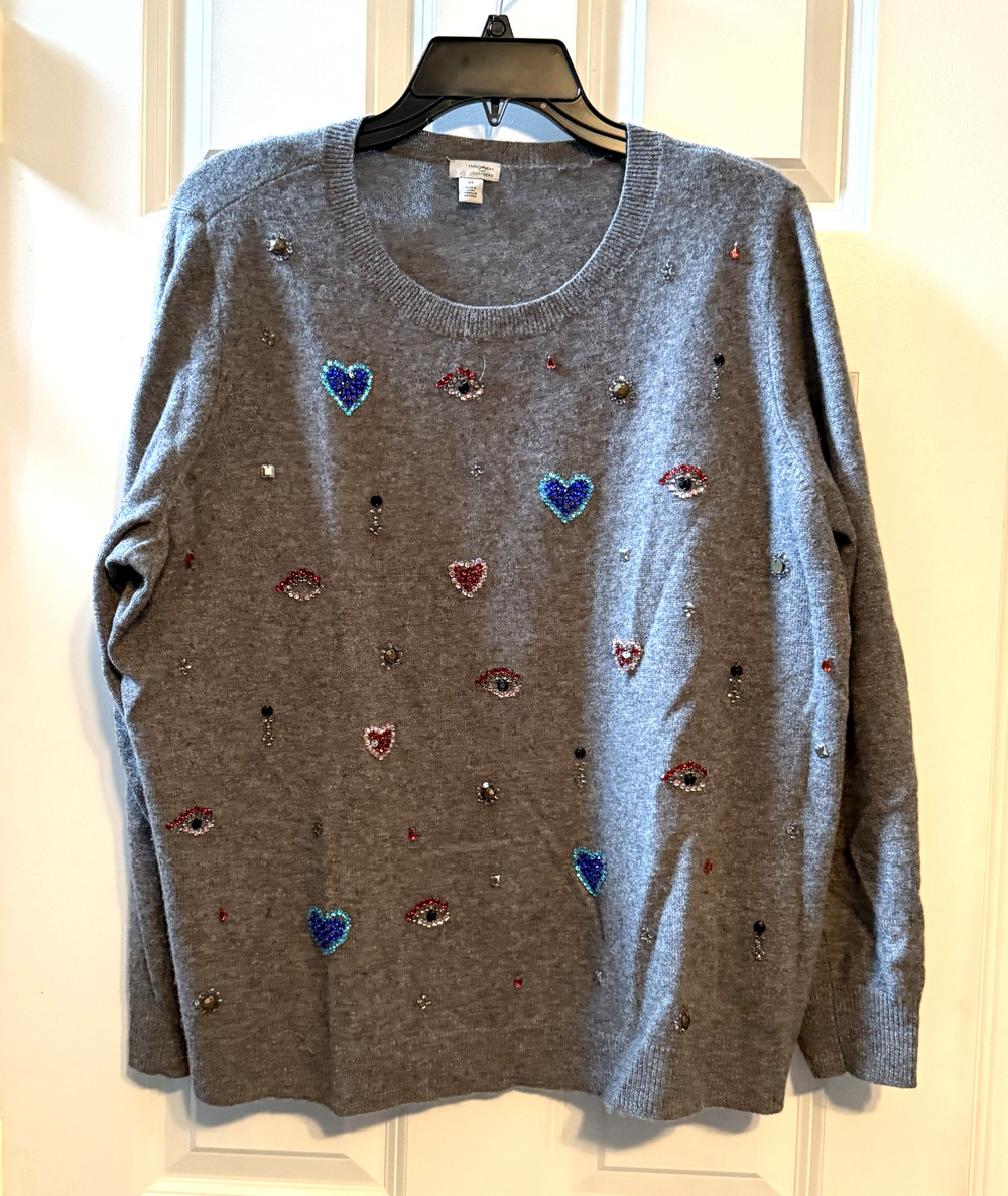Halogen Cashmere Size 2X Rhinestone Beaded Sequin Stone Gray Sweater Hearts Eye